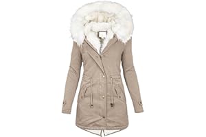 FUPODD Wintermantel Damen Mittellang Winterjacke Warm Gefüttert Fleece Parka Mantel Mit Kapuze Kunstpelzkragen Jacke Frauen Winter Winterparka Verdickene Outdoor Übergangsjacke Mit Knöpfen Zipper