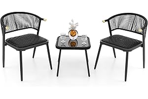 GIANTEX Ensemble de meubles de jardin 3 pièces avec bistro en rotin, 2 chaises rembourrées et table basse avec plateau en verre trempé, pour terrasse, patio, balcon, couleur noire