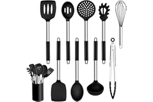 Homikit Kitchen Utensil Set, 10 Pieces Silicone Kitchen Utensils Cooking Cutlery Set with Stainless Steel Handle, Non-Stick Heat Resistant Black Cooking Utensils Set, Healthy, Dishwasher Safe