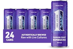 NO 1 LIVING One Living Kombucha Drink - Passion Fruit with Goji - 24 x 250ml Cans - Sugar Free, Great Tasting Authentically Brewed Kombucha with Live Cultures - Lightly Sparkling, 100% Natural, Vegan