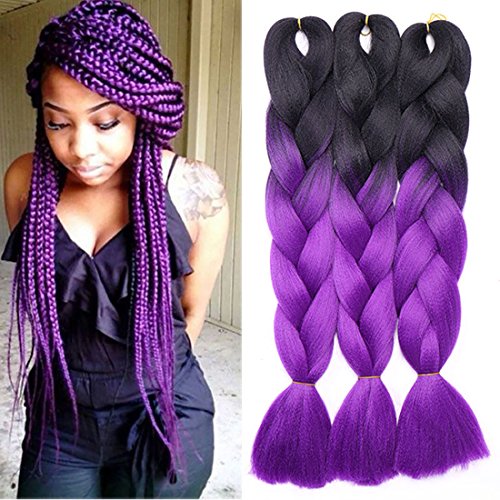 3 pcs/24 "dos Ombre Extensiones de pelo trenzado fibra kanekalon Cabello Sintético Trenzado Negro Oscuro a morado oscuro de 300 G