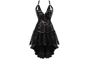 Grebrafan Steampunk Corsé Cuero Corset de Piel con Falda Conjunto
