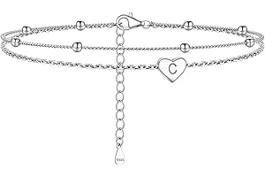 PROSILVER Women Initial Anklet Sterling Silver Heart Ankle Bracelet A-Z Letter, Adjustable Double-Layer Foot Chain for Beach Summer with Gift Box