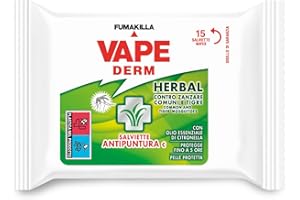 Vape, Derm Herbal, 15 Salviette Antipuntura, Repellenti Zanzare con Olio Essenziale di Citronella Java e di Andiroba, Proteggono da Zanzare Comuni, Tigre, Moscerini e Altri Insetti, Efficaci fino a 5 ore