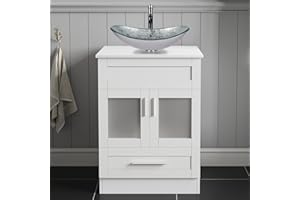 ARTETHYS Bathroom Vanity Unit with Basin, 60cm Bathroom Sink Cabinet with 2 Doors and a Drawer, White Cloakroom Cabinet Free Standing with Silver Countertop Basin