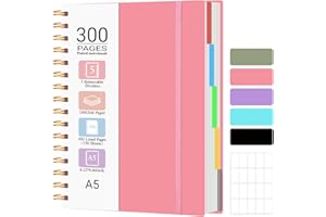 MOFELON A5 Notebook, Notepad, A5 Notebook with Dividers, 300 Pages 100GSM Thick Wirebound Spiral Notebooks for Writing, PVC Hardcover Note Book for Work Office School, 21.5 x 15.8cm,Pink