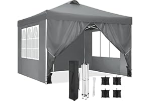 COBIZI Tonnelle Pliante 3x3 Imperméable, Anti-UV Barnum Pliant 3x3 Professionnel, Robuste Tonnelle de Jardin Exterieur avec 4 Côtés et 4 Sacs, pour Camping, Plage, Mariage, Fête, Festival(Gris)