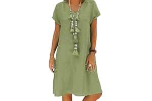 TINCINI Sommerkleid Damen Leinen Kleider Casual V-Ausschnitt Midikleid Kurzarm A-Linie Kleid Strandkleid Ohne Zubehör