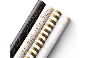 Kraft & Co 4 Pack 44cm x 5M of Gift Wrapping Paper, Quality Festive Designed Kraft Paper, Eco-Friendly, Recyclable Wrapping Paper Ideal for Gifts, Arts & Crafts (20M Total) - Traditional