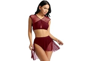 iiniim Womens Fashion Mesh Sheer See Through Asymmetric Lyrical Ballet Dance Leotard 2 Pieces Outfits Crop Tops with Short Skirt