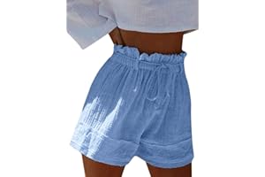 ORANDESIGNE Short Femme Été Casual Taille Haute Court Pantalons Mode Lin Elastique Shorts avec Poches