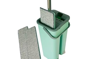 NEWTY Cubo Mopa Fregona Plana Doble Compartimento con Drenaje Escurrefácil para Limpieza Suelos Azulejos Madera Mango Ergonómico Atrapa Polvo Ventanas Mop Trapeador 2 Almohadillas Reutilizables