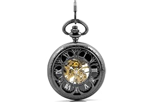 Infinite U Lucky 6 Leaf Clover Roman Numerals Hollow Skeleton Mechanical Pocket Watch Black