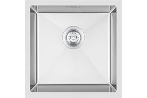 KEOKBON 45 x 45cm Stainless Steel Kitchen Sink Undermount, Single Bowl Outdoor Campervan Sink with Waste and Overflow Kit, Silver Brushed