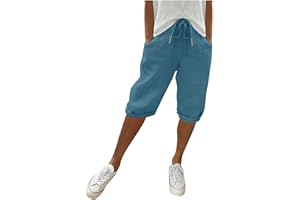 CHANPNING Short d'été décontracté en Coton et Lin avec Cordon de Serrage à la Taille et Poches pour Femme - Short de randonnée - Longueur Genou - Vêtement de détente Taille Haute - Pantacourt