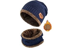heekpek 2 Pièces Chaud Bonnet Chapeau Écharpe Tricot et Tour de Cou avec Doublure Polaire Ensemble Bonnet Echarpe Homme Femme Bonnet Hiver et Écharpe