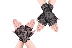 JKJF 2 Pairs Women's Fingerless Lace Gloves Elegant Short Floral Gloves Wrist Length Party Gloves for Wedding Halloween Cosplay Prom Tea Party Banquet Nightclub - Black 2 Styles