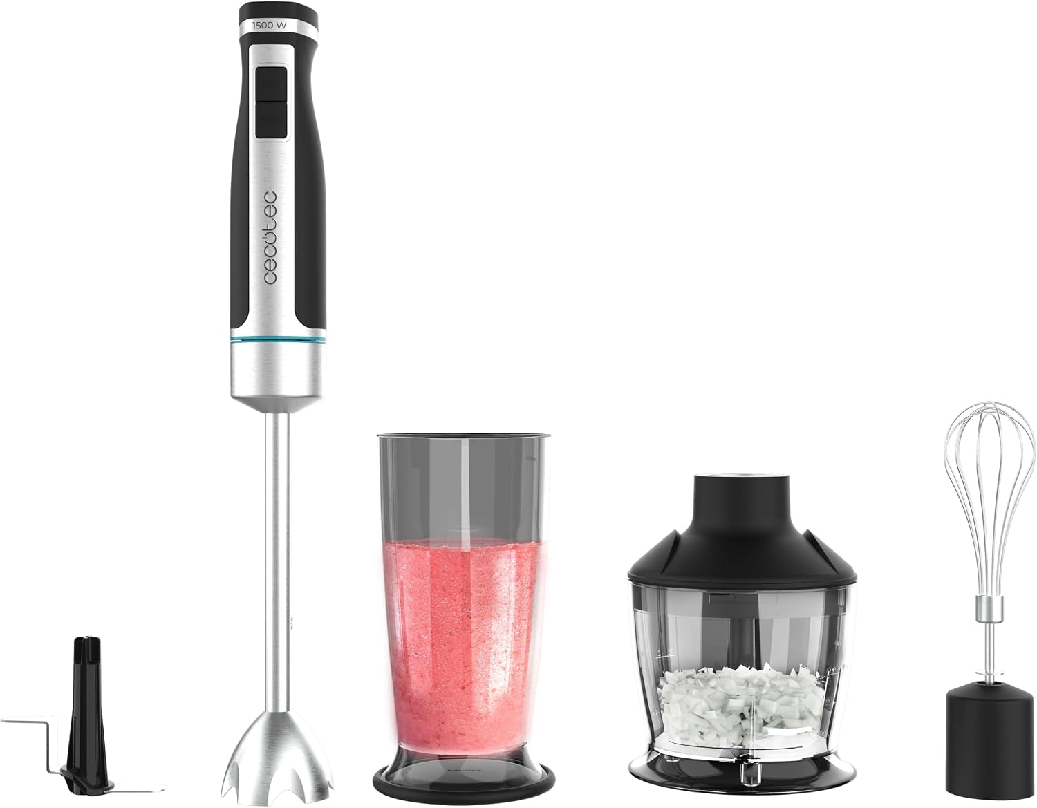 Cecotec Batidora de Mano PowerGear 1500 XL Pro. 1500 W, 21 Velocidades + Turbo, Acero/Silicona, Pie XL, Cuchilla de 4 hojas, Recubrimiento Titanio, Engranaje de Metal, Incluye Accesorios