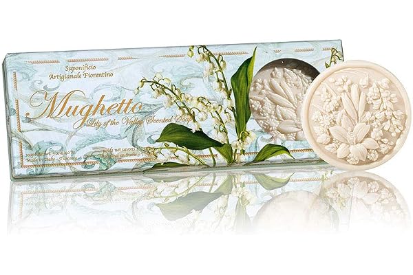 Boîte cadeau Savon Muguet Italien, Lot de 3 savons naturel ronde sculptée avec fleurs, 3 x 125g