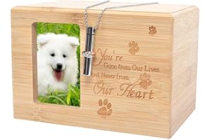 DOINFUN Dog Ashes Box, Bamboo Ashes Box for Dogs with Urn Necklace for Ashes (Together), Ashes Casket Keepsake Memorial Gift with Picture Frame, Cremation Box for Cats Rabbit Small Pets, Model B