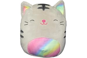 SQUISHMALLOWS Squishmallow Kellytoy - Peluche oficial de mascotas, escuadr n de perros, gatos, conejos, ranas y animales de peluche suaves (gris, gato atigrado de conteo (vientre arco ris/orejas), 8 pulgadas)