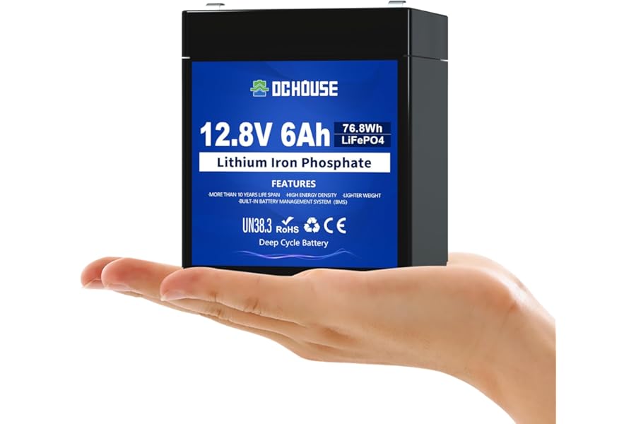 DCHOUSE 12V 6Ah Mini LiFePO4 Lithium Deep Cycle Battery with 10A BMS & 4000+ Cycles, Replaces 7Ah/8Ah Lead Acid, Perfect for CCTV Camera, Solar, Fish Finder, Lighting, Pump, UPS, Alarm System