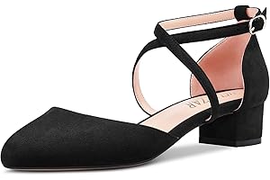 HEUIVZAR Mujer Heel Pumps Redonda Punta Gatito Bajos Ancho Chunky Heel Cross Strappy Correa Tobillo Sandalias Ante Dress Zapatos 3.5 CM