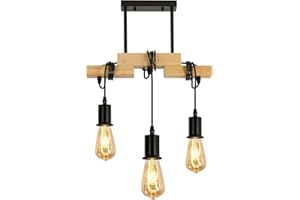 DAXGD Suspension Luminaire Vintage, Eclairage de Plafond Rétro Bois et Métal, Lustre Plafonnier E27 pour Cuisine Salle à Manger Salon, 3 Ampoules Non Incluses, max 60W