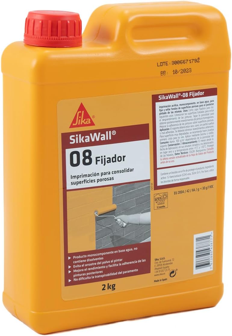 SIKA - Imprimación acrílica - SikaWall-08 Fijador - Blanco - Para fijar y sellar fondos de superficies porosas y mejor la adherencia de las pinturas - 2 kg