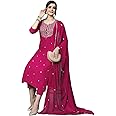 GoSriKi Women's Cotton Blend Embroidered Straight Kurta with Pant & Dupatta