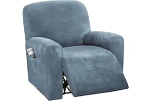 CLGTY Stretch Velvet Recliner Chair Covers, 4-piece With Pocket Lazy Boy Reclining Sofa Slipcover Non Slip Armchair Covers For Kids Pets-stone blue-1 seater