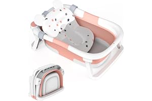GOLDENOUGH Foldable Baby Bath tub,Collapsible Toddler Bathtub with Baths Support Cushion Pad Seat Mat,Baby Bathtub Newborn to Toddler 0-24 Months,Baby Essentials for Newborn Portable Travel Baby Bath Tub