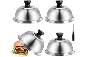 Ticeed 4 Set Burgercover Edelstahl Burgerhauben Burgerglocken Burger Cloche Glocke Set Abdeckhaube mit 3 Handhaben Schmelzglocke Burger Cover für Cheeseburger Barbecue Steak (16x10 cm)