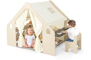 COSTWAY 6-IN-1 Kinderzelt Holz mit Kindertisch & Stuhl & Kinderregal, Kinderspielhaus mit Matte & Tafel & Aufbewahrungsboxen, Spielzelt Spielhaus Indoor für Kinder ab 2 Jahren (Mit 6 Boxen)
