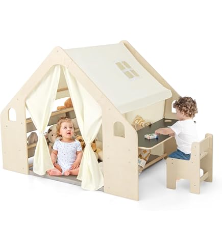 MINERA Montessori Spielhaus Aus Holz - Indoor Spielzelt 114x95x90cm Für Kinderzimmer