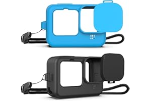 Kuptone Funda de Silicona Protectora para GoPro Hero 10/GoPro Hero 9 Black, Funda Protectora de Goma de Silicona + Funda para Lente Hecha de Silicona con cordón para GoPro 10/GoPro 9 (Negra+ Azul)