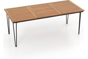 GIANTEX Table à Manger de Jardin avec Trou pour Parasol Ø 5 cm, Table d’Extérieur Rectangulaire en Bois d'Acacia pour 8 Personnes, Pieds Métalliques, pour Terrasse, Patio, 200 x 90 x 75 cm