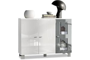 ‎VLADON Vladon Sideboard Denjo, Kommode mit 3 Türen, Weiß matt/Weiß Hochglanz/Grau Hochglanz (107 x 81 x 35 cm)
