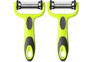 Aiqeer 2 Piezas 3 en 1 Pelador de Vegetales Frutas, Multifunción Pelador Rotativo, con 3 Cuchillas de Acero Inoxidable Giratorias: Serrado, Rectas y Julienne Cuchillas, Mango Antideslizante (Verde)