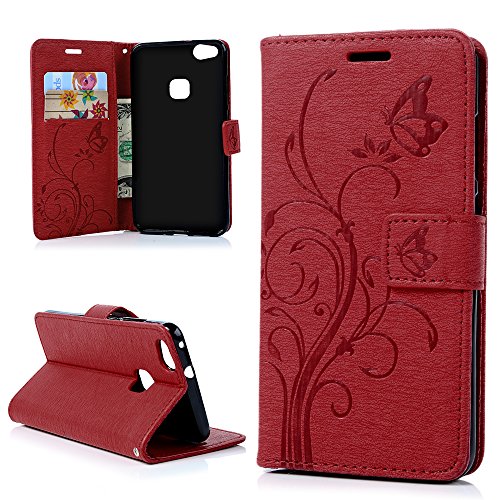 Huawei P10 Lite H  lle Badalink Schutzh  lle Leder PU TPU Handyh  lle Gemalt Rot Handytasche Wallet Case St  nder Magnet-Schloss Cover Flipcase   Eing