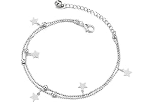 COOLSTEELANDBEYOND Due Ranghi Cavigliera da Donna con Perlina, Pendenti Charms di Stella e Campana, Regolabile