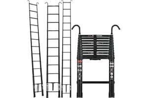 VICKYHOME 3.2M/10.5FT Telescopic Ladder Loft Ladder with 2 Hooks, Aluminium Extension Foldable Ladder Multi Purpose Ladder with Adjustable Height, Non-Slip Feet for Household, Max Load 150kg/330lb, Black