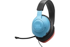 JBL Quantum 100N, casque gaming circum-auriculaire filaire, micro amovible, QuantumSURROUND Signature, comfortable, compatibilité multiplateformes et Windows Sonic Spatial Sound, en rouge et bleu