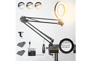 ZABOUL 10X Magnifying Glass with Light, 3 Color Modes Stepless Dimmable Lighted Magnifier Clamp Lamp, Adjustable Arm 4.3" Diameter Real Glass Lens LED Magnifying Glasses for Hobbies Reading Work (Black)