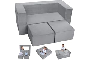 MeMoreCool Kids Sofa Bed Toddler Armchair Couch, Grey Kids Convertible Couch Lounger Fold Out, Baby Floor Chair Bedroom Furniture, Modular Mini Sofa for Playroom