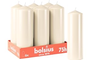 Bolsius Candele a pilastro lisce - Avorio - 6 pezzi - 20 x 7 cm - Durata 75 ore - Non profumate - Contiene cera vegetale naturale - Senza olio di palma