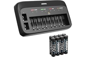 ABSINA Caricabatterie pile ricaricabili AA AAA e 9V + 8x AAA 1150 Pile - Caricabatterie NiMH 10 Slot per batterie ricaricabili - Carica pile ricaricabili AAA AA e 9V - Caricabatterie AA AAA