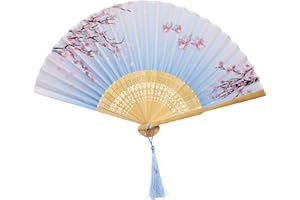 HZZYCER Folding Hand Fans, Handheld Folding Fan Chinese Fan for Men and Women Bamboo Folding Fans for Wedding, Party Favor, Cosplay, Dance, Wall Decorations, Festival, Gift (Blue-peach blossom)