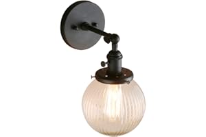PathsOn 15cm Industrial Modern Vintage Retro Wall Lights, Loft Bar Kitchen Sconce Lights Lamp Fixture with Ribbed Globe Clear Glass Light Shade (Black)