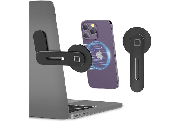 GadgetBite Magnetic Laptop Mobile Holder for Home Office Outdoor Compatible with Magsafe MacBook Mobile Stand for iPhone 16 15 14 13 12 Series and Other Smartphone with Mag Safe Ring - Black